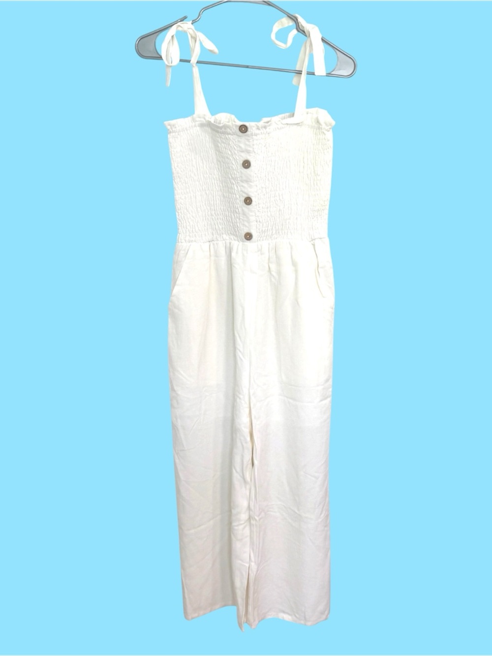 Entro Jumpsuit White Smocked Button-Front with Tie Straps Size Small Summer Cute